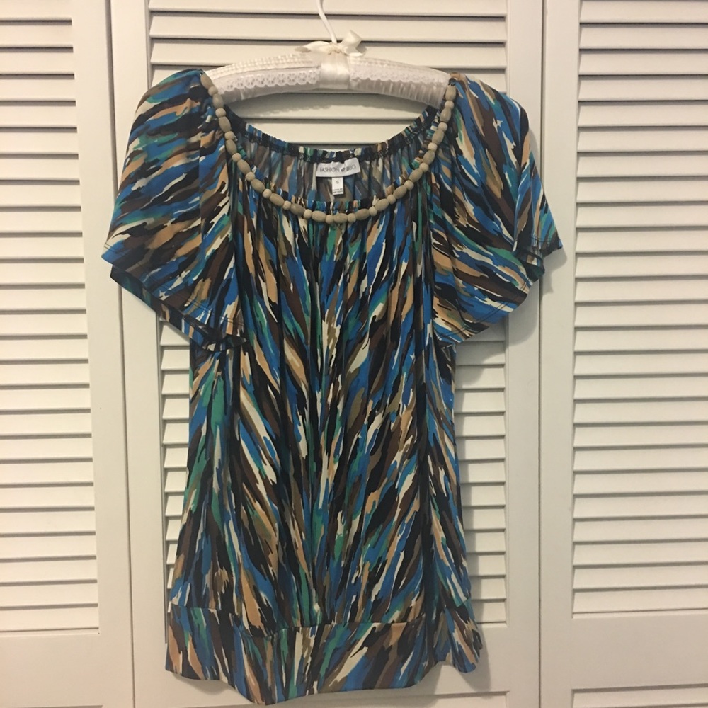 Print short sleeve stretch blouse